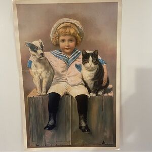 VTG "Keeping Peace" Child Dog Cat Art Print Old Print Factory Stone Lithograph